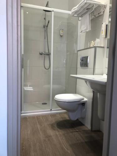 维瓦里奥尤坎帕尼勒酒店的带淋浴、卫生间和盥洗盆的浴室