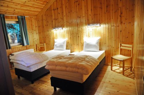 维尔雅尔姆Libellule Style Vielsalm的配有木墙和木地板的客房中的两张床
