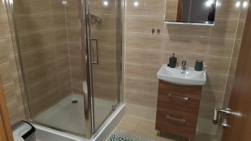 尼特拉尼特拉PKO酒店的带淋浴和盥洗盆的浴室