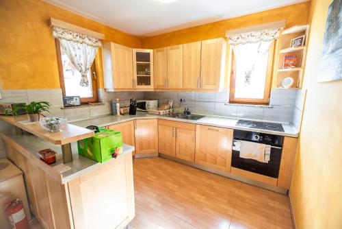 GlobociceHoliday Home Blue Sky的厨房配有木制橱柜和炉灶烤箱。