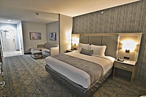 俄克拉何马城Best Western Plus Executive Residency Oklahoma City I-35的酒店客房带一张大床和一把椅子