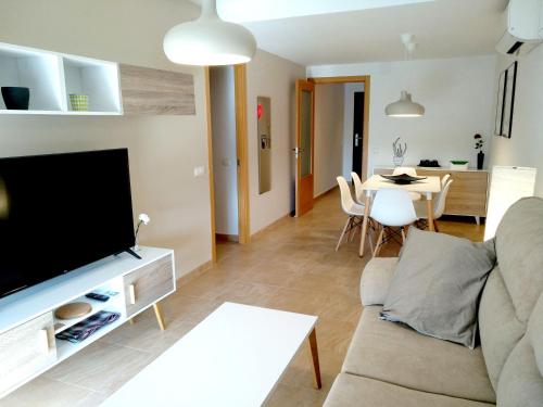 代尔特布雷Mi Apartamento en el Delta del Ebro+的带沙发、电视和桌子的客厅