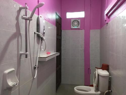 仙本那Family Room (Pakej G2)的带淋浴的浴室以及带紫色墙壁的卫生间。