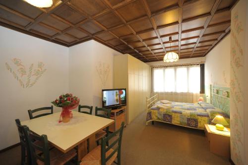 罗卡皮耶托雷里贾纳多洛米蒂阿尔公寓式酒店的一间设有桌子、床和电视的客房