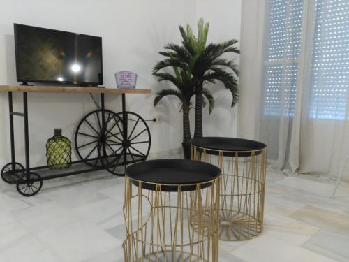 桑卢卡尔-德巴拉梅达Apartamento la albariza.的一间设有两个凳子、一台电视和一棵棕榈树的房间