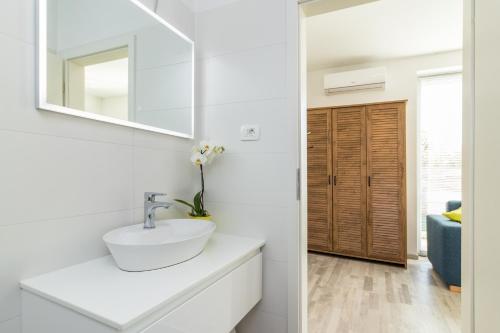 梅杜林Villa Cindrić的白色的浴室设有水槽和镜子