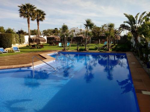 科尼尔-德拉弗龙特拉Alojamiento Rural "El Charco del Sultan"的一个种有棕榈树的大型蓝色游泳池