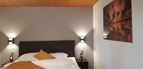 CourcelonApartement-Gîte rural à 3 km de Delémont的一间卧室配有一张带两个灯的床