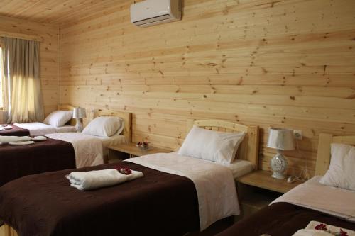 茨卡尔图博Green Villa Tskaltubo的一间设有三张床和木墙的房间