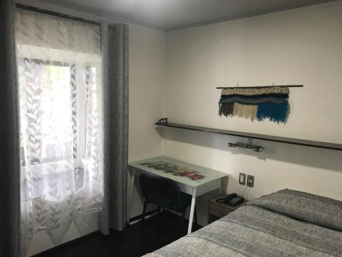 艾森港Hotel Aysen Austral的一间卧室配有一张床、一张书桌和一个窗户。