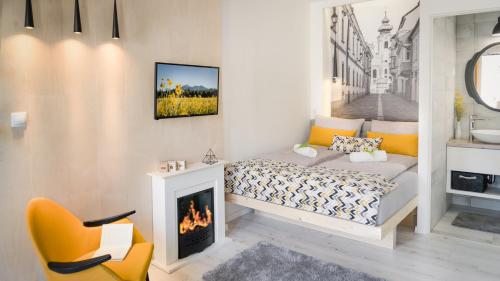 杰尔Luxury Studio 24的一间带一张床和壁炉的小卧室