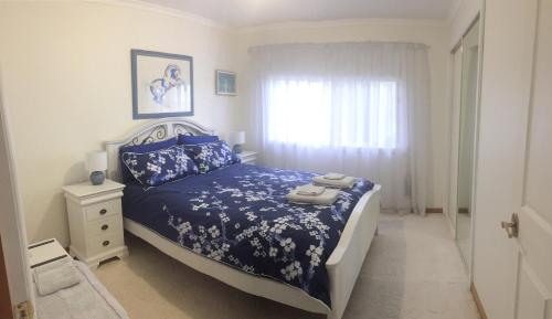 比舍诺Bicheno Bell的一间卧室配有一张带蓝色棉被的床和窗户。
