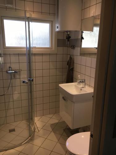 伦讷Midtvejshuset的一间带水槽、淋浴和卫生间的浴室
