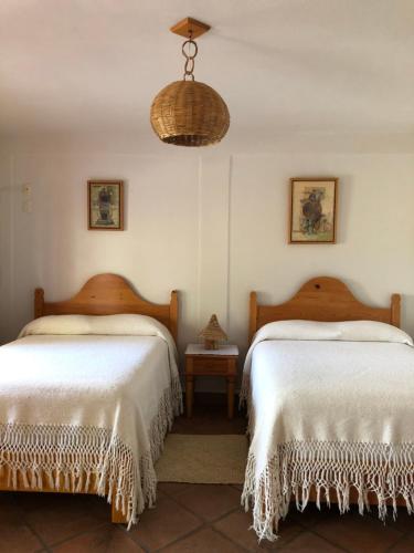 Tenancingo de DegolladoHotel El Portón的一间卧室配有两张带白色床单和灯的床