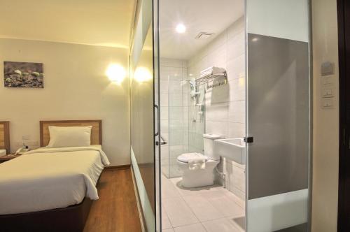 双溪大年格林城市酒店的小型浴室设有一张床和淋浴。