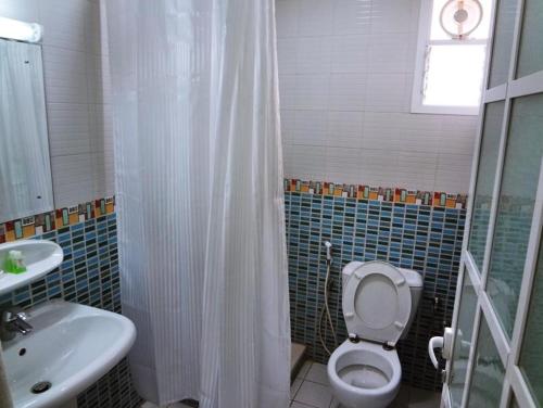 马斯喀特广场酒店的浴室配有卫生间、盥洗盆和淋浴。