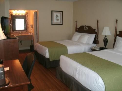 奥尔巴尼快乐阿克斯酒店的酒店客房设有两张床和一张桌子。