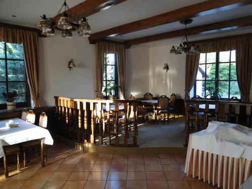大洛西尼Villa Žerotín Penzion Bed & Breakfast的用餐室设有桌椅和窗户。