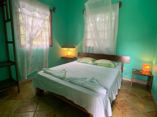 别霍港鲁纳卡里贝纳村宾馆的一间卧室设有一张带绿色墙壁和窗户的床。