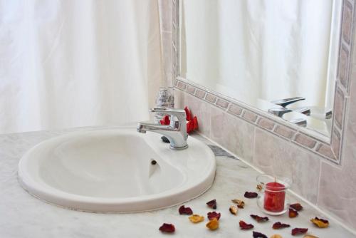 阿尔特阿尔特酒店的浴室配有盥洗盆和地板上的部分花瓣。
