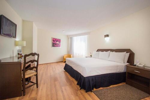 墨西哥城Hotel Valle de Mexico Toreo的酒店客房设有一张大床和一张书桌。
