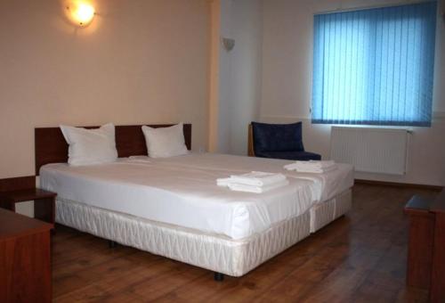 RadnevoХОТЕЛ РАДНЕВО的卧室配有一张白色大床和蓝色窗户