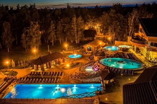 帕兰加Meguva Resort Hotel的两个泳池的夜间景色