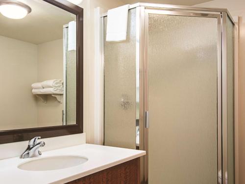里士满温哥华机场拉昆塔酒店的一间带水槽和淋浴的浴室
