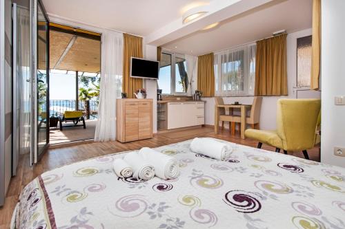 罗维尼Apartments Figarola的一间带大床的卧室和享有美景的厨房