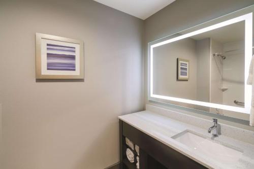 欧佩莱卡La Quinta by Wyndham Opelika Auburn的一间带水槽和大镜子的浴室