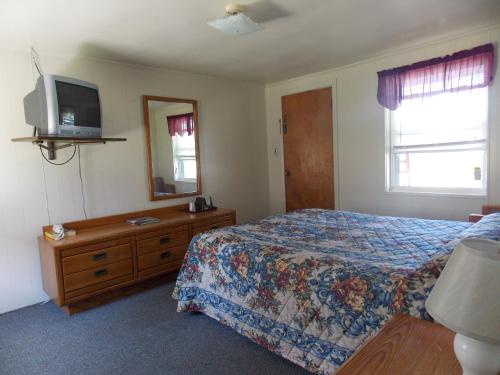 马吉谷Clarketon Motel - Maggie Valley的一间卧室配有一张床,梳妆台上配有电视