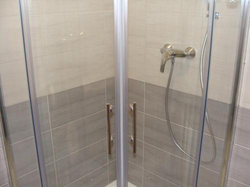 科佩尔Apartmaji Ema的玻璃门淋浴和淋浴头