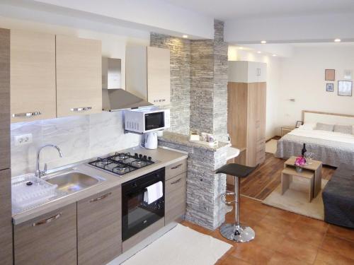 塞里特雷尼科Apartment Petra i Nikola的一间带水槽和炉灶的厨房以及一张床