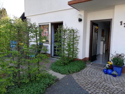 米歇尔施塔特Annettes Ferienwohnung的树木和植物的房屋的前门