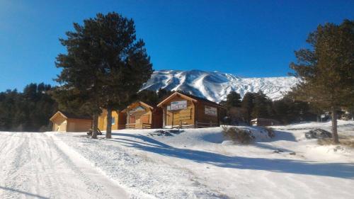 林瓜格洛萨Rifugio Il Ginepro dell'Etna的雪地中的小木屋,有雪覆盖的山