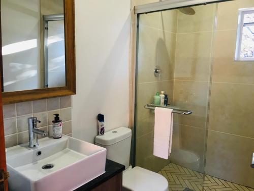 约翰内斯堡Kilkenny Cottages 2 bedroom unit的浴室配有卫生间、盥洗盆和淋浴。