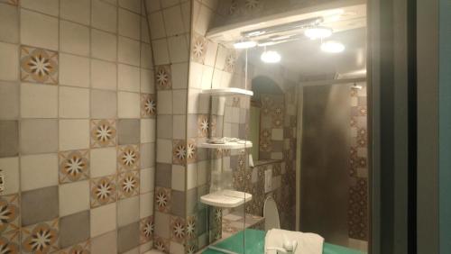 安锡萨沃酒店的带淋浴、盥洗盆和镜子的浴室
