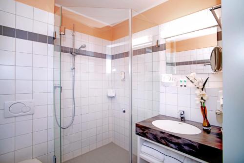 明斯特约翰尼特旅馆的一间带水槽和淋浴的浴室