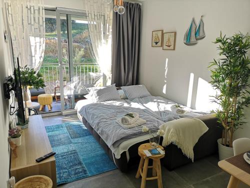 弗尔萨尔Romana Dream apartment的一间卧室配有一张蓝色地毯的床