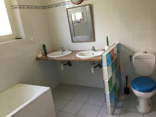 莱昂Gites-Cyclistes-Léon的浴室设有2个水槽、卫生间和镜子。