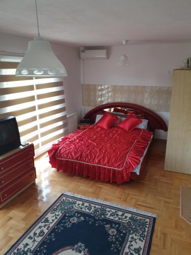 伊利扎Vacation home Djogic的一间卧室配有红色床单和红色枕头。