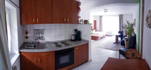 海尔巴德海利根斯塔特Urlaubspension 'Hohes Rott' und Apartmenthaus的厨房配有水槽和炉灶 顶部烤箱