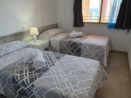 贝尼多姆Trebol One Apartments By Mc的客房设有两张单人床和一扇窗户。