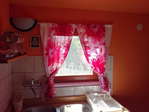 IvanecEpicentar, house for rent, sobe - Ivanec的厨房窗户配有粉红色窗帘和水槽