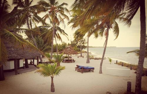Kilwa MasokoKilwa Beach Lodge的拥有桌子和棕榈树的海滩和大海