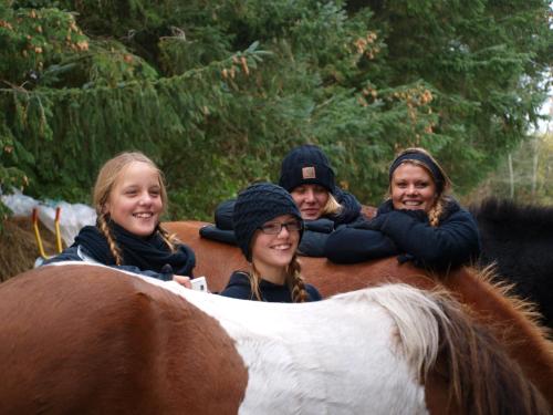 莱斯Fædrelandet Ferielejlighed & Turridning的一群骑在马背上的女孩