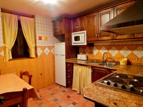 布伦切尔Alojamiento Rural Marina的厨房配有木制橱柜和白色冰箱。