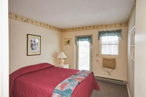 贝塞尔River View Resort的一间卧室设有红色的床和窗户。