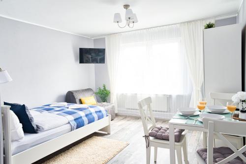 米兹多洛杰Morning Star Apartments的一间小卧室,配有一张床和一张桌子