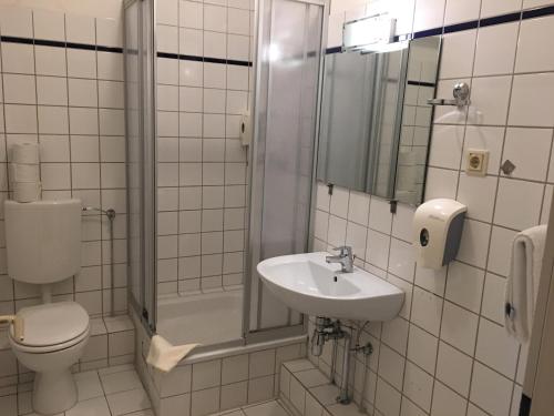 杜塞尔多夫杜塞尔多夫阿尔特酒店的浴室配有卫生间、盥洗盆和淋浴。
